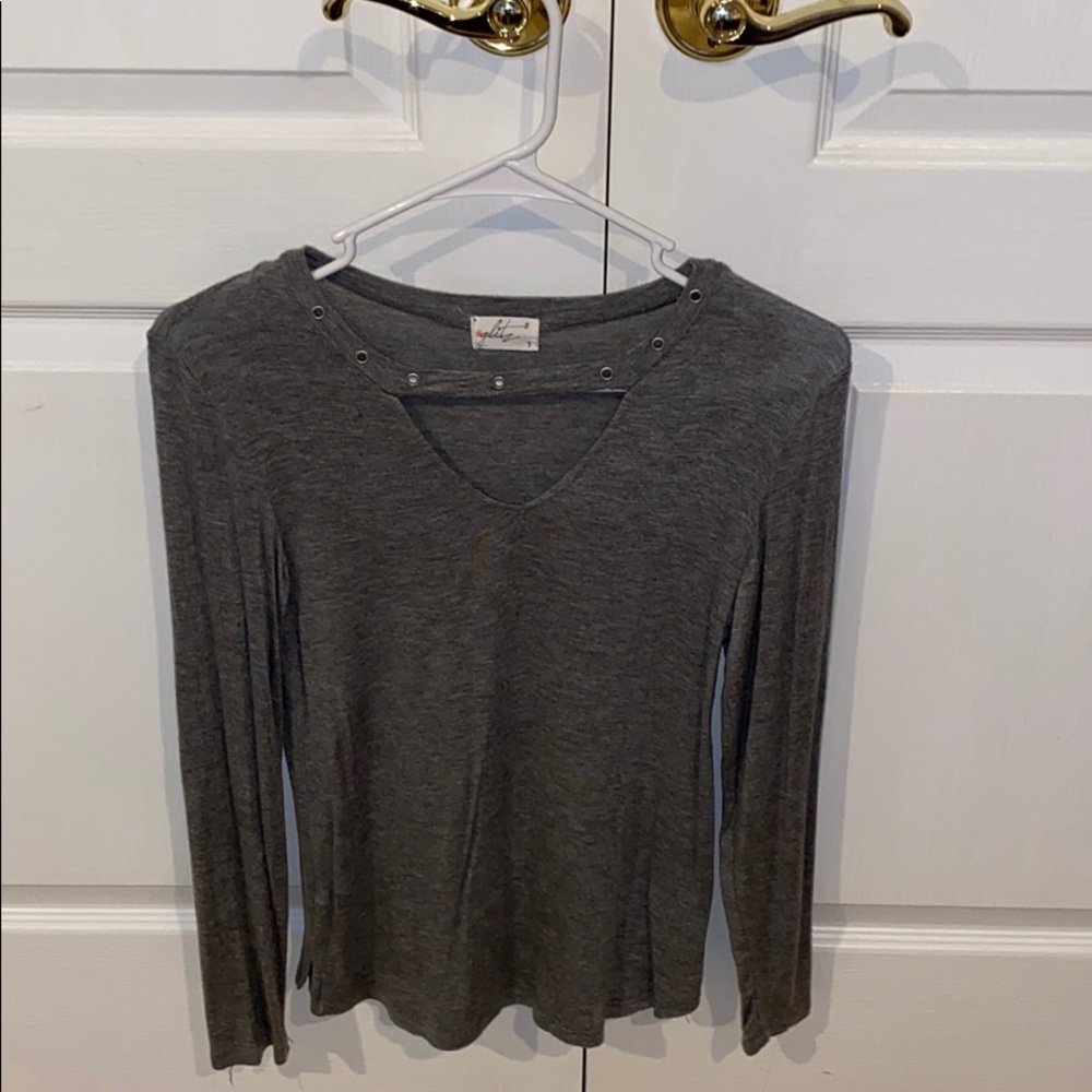 grey long sleeve tee with cut out neck